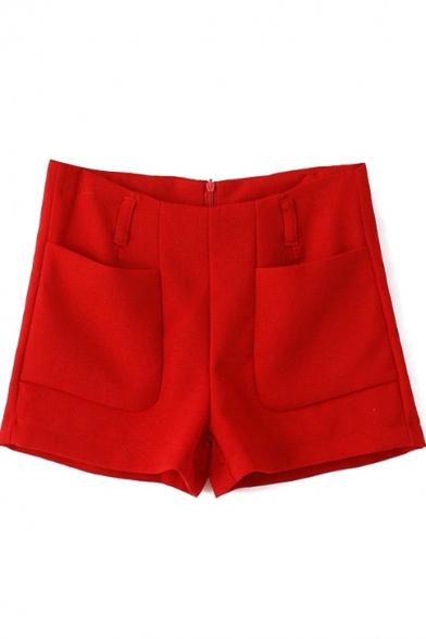 Red Double Pocket Zip Back Shorts