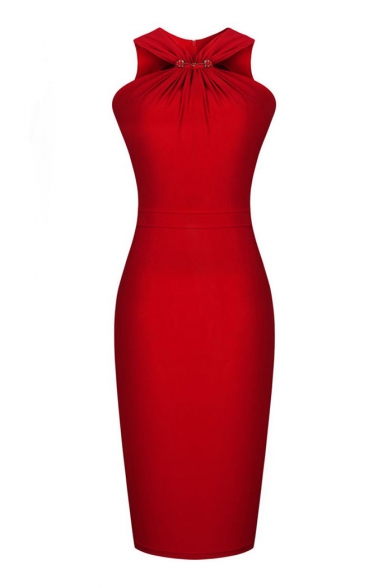 Red Sexy Halter Sleeveless Bodycon Dress with Zip Back