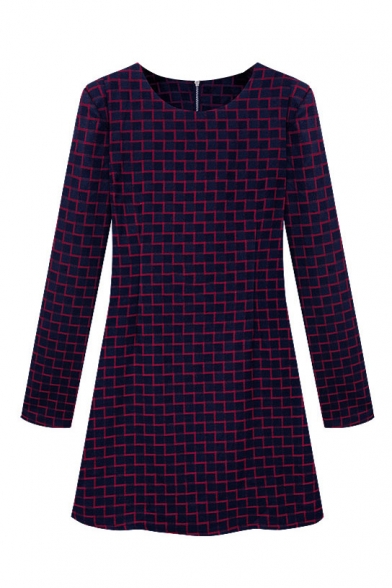 Red Square Pattern Long Sleeve Dress