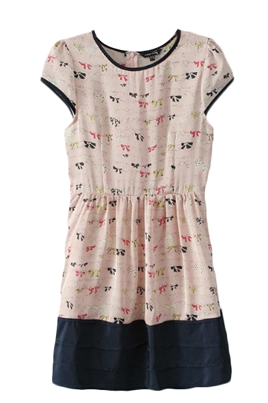 Short Sleeve Mori Girl Style Bow Print Contrast Trim Beige Dress
