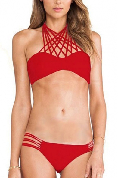 Strappy Red Plain Cutout Bikini Bottom Bikini Set