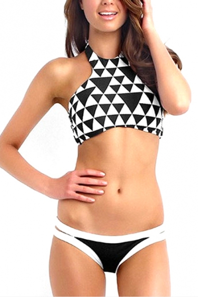 Triangle Print Halter Cutout Bikini Bottom Bikini Set