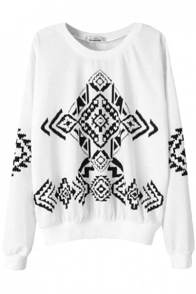 White Ethnic Print Round Neck Sweatshirt