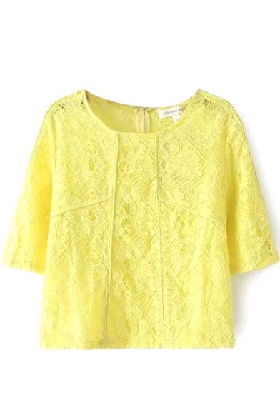 Yellow 1/2 Sleeve Back Zip Lace Illusion Blouse