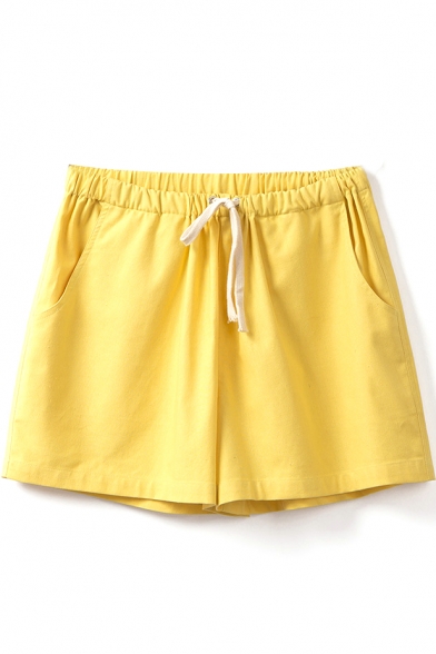Yellow Mid Waist Drawstring Loose Shorts