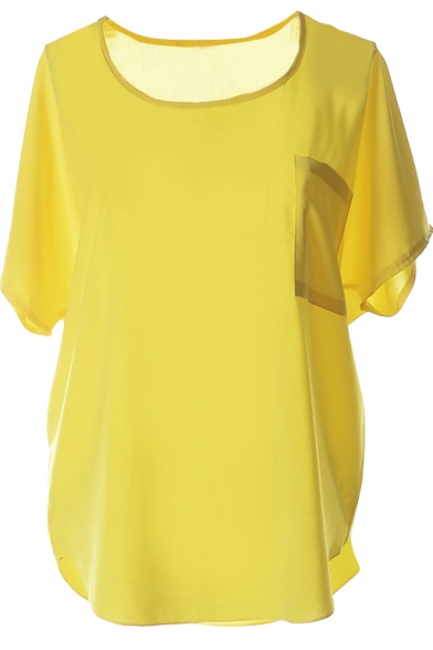 Yellow Short Sleeve Pocket Front Chiffon Blouse - Beautifulhalo.com