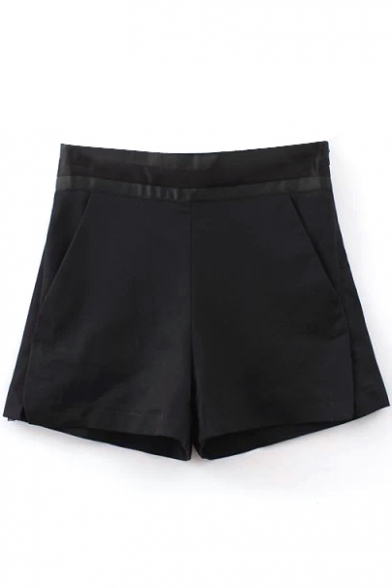 Black Embellished Waist Slim Shorts