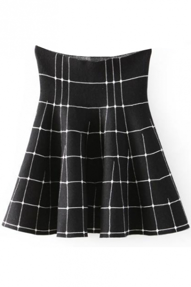 Black Plaid Print High Waist Ruffle Hem Skirt