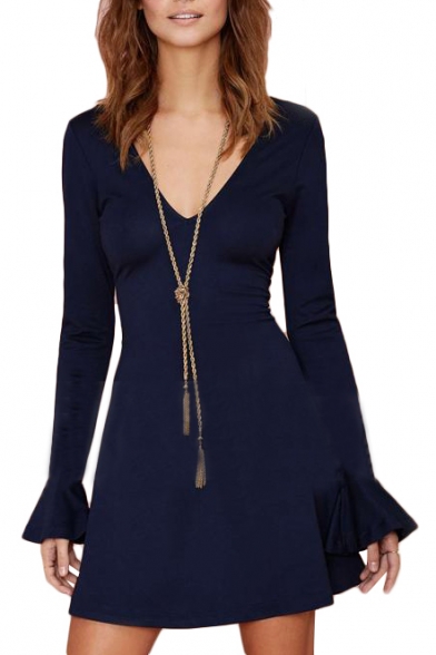Blue V-Neck Long Flare Sleeve Mini Dress
