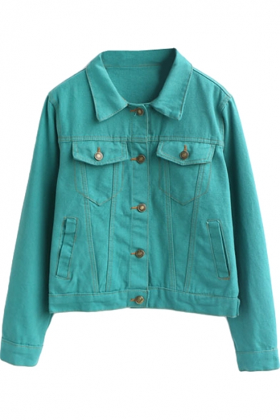 Bright Color Plain Single-Breasted Cropped Denim Jacket