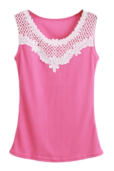 Candy Color Lace Crochet Cutout Round Neck Fitted Tank