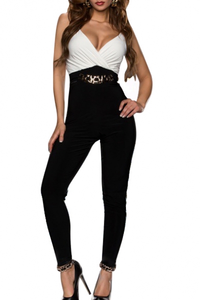 Color Block Stud Waist Spaghetti Strap Fitted Jumpsuit