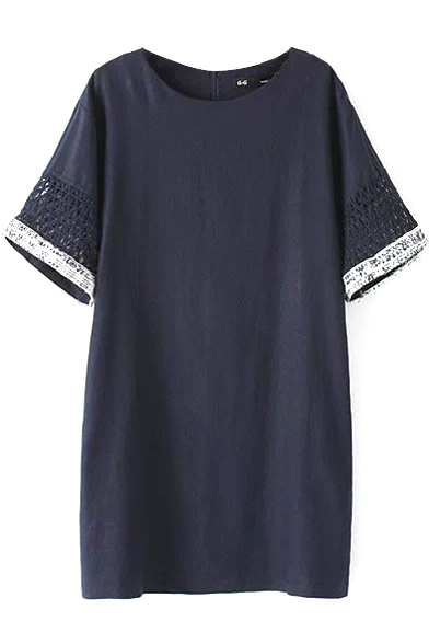 Crocheted Short Sleeve Dark Blue Cotton Mini Column Dress