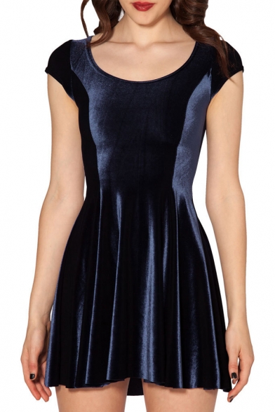 Dark Blue Round Neck Short Sleeve Velvet A-line Dress