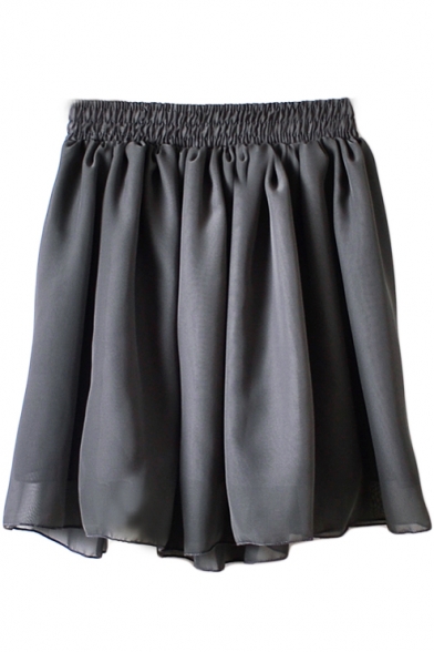Dark Gray Elastic Waist Pleated Chiffon Skirt