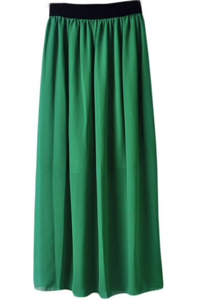 Dark Green Elastic Waist Chiffon Maxi Skirt