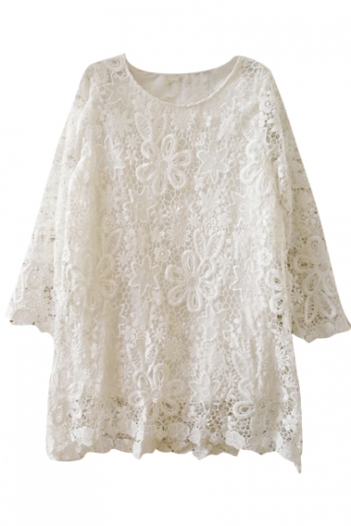Elegant Floral Pattern Lace Crochet White Plain Dress