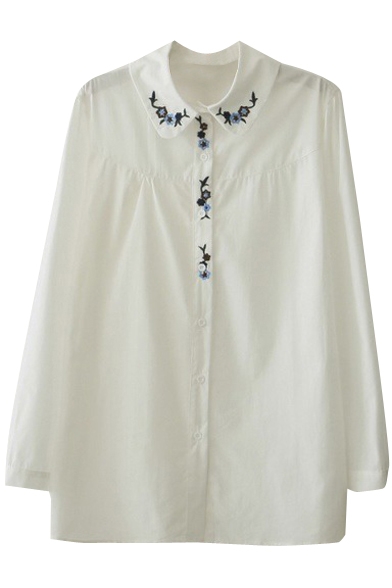 Ethnic Elegant Style Flower Embroidery White Shirt