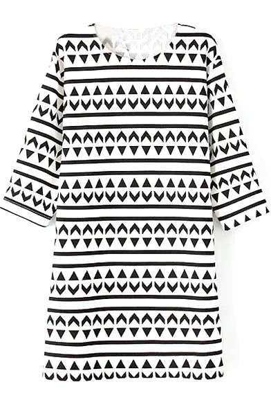 Geo-Tribal Pattern Print Mono Modern Style 3/4 Sleeve Dress