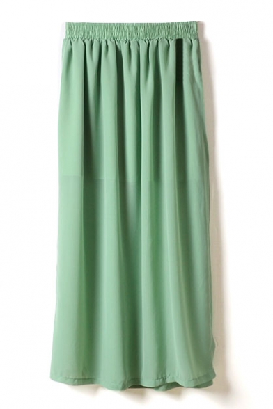 Green Elastic Waist Chiffon Split Hem Maxi Skirt