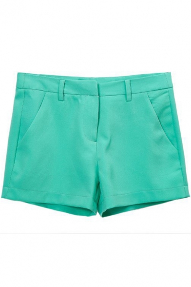 Green Plain Fitted Pockets Zipper Fly Shorts