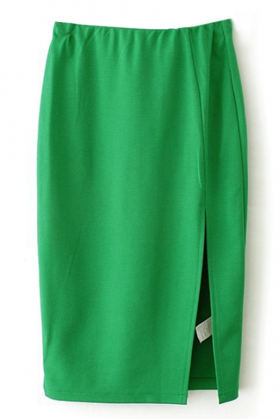 Green Plain Split Hem Midi Pencil Skirt