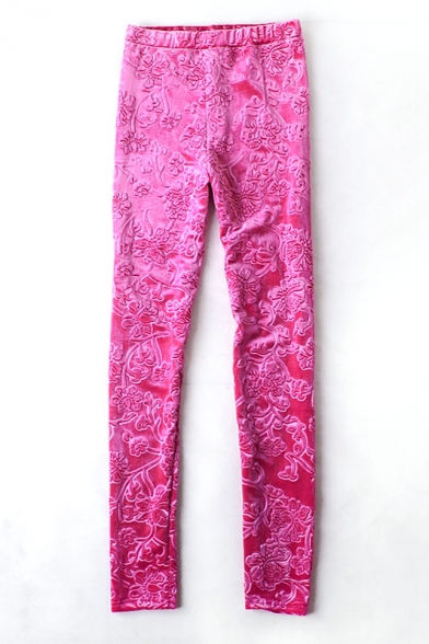 Pink Elastic Waist Embossing Floral Pattern Leggings
