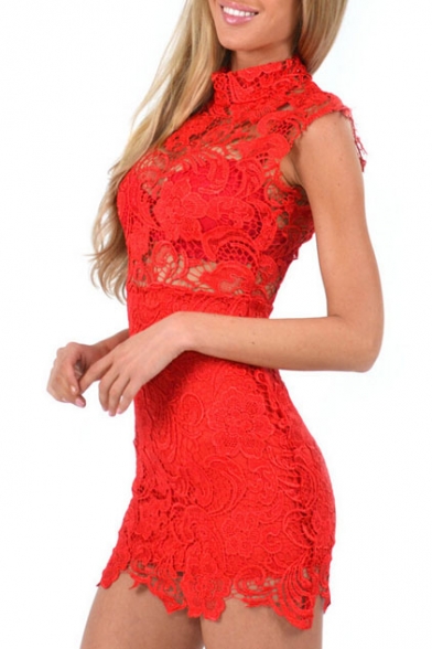 Red Lace Crochet Cutout Sleeveless Stand Collar Dress