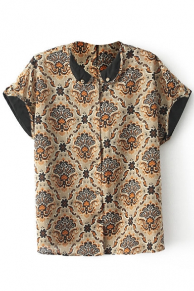 Short Sleeve Court Vintage Pattern Babydoll Lapel Shirt