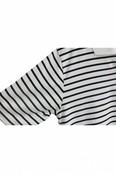 Striped Short Sleeve Point Collar Crop Polo Tee