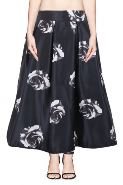 Unique Floral Print Elastic Waist Pleated Midi Skirt