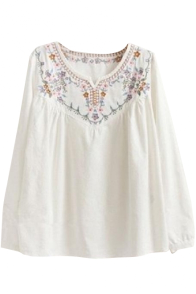 V-Neck Long Sleeve Ethnic Flora Embroidery White Blouse