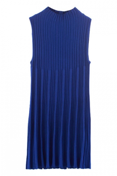 Vertical Stripe Knitted High Collar Sleeveless Dress
