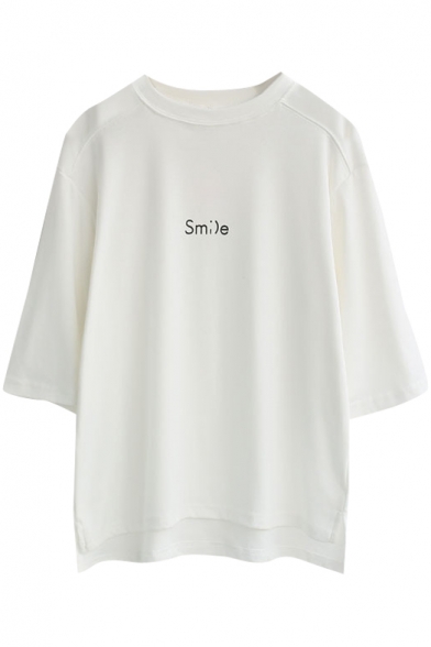 White 1/2 Sleeve Smile Print Loose T-Shirt