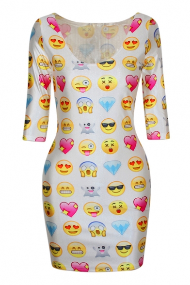 White Half Sleeve Emoji Print Bodycon Dress