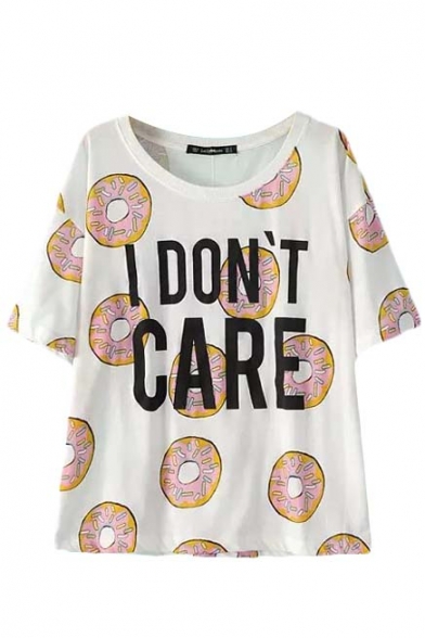 White Short Sleeve Donuts Letter Print T-Shirt - Beautifulhalo.com