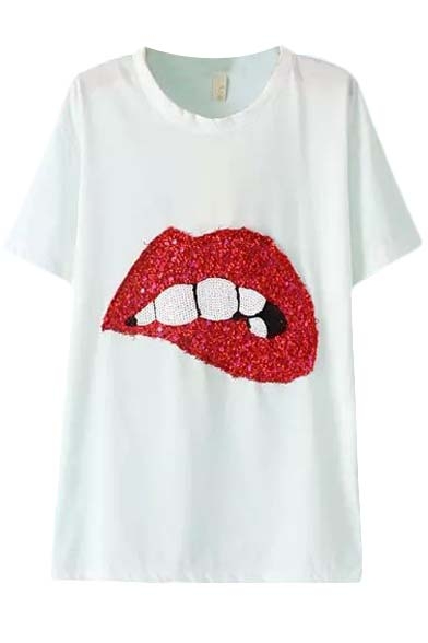 White Short Sleeve Mouth Print T-Shirt - Beautifulhalo.com