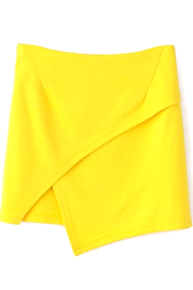 Yellow Plain Mini Skirt with Asymmetrical Hem
