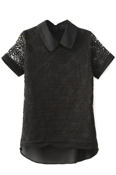 Black Doll Collar Organza Insert Lace Crochet Blouse