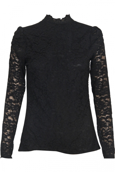Black Long Sleeve Lace Inserted Top with Zip Back
