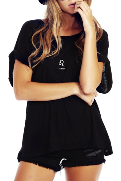 Black Short Sleeve Roll Cuff Leo T-Shirt
