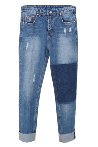 Blue High Rise Ripped Loose Jeans with Color Block