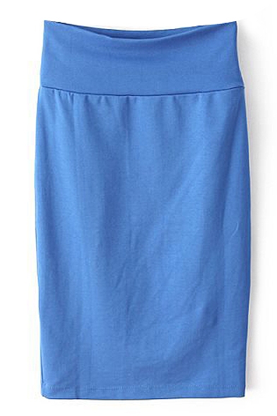 Blue Plain High Waist Pencil Skirt