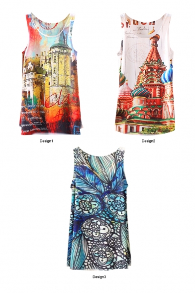 Buildings and Floral Print Sleeveless Tunic Top