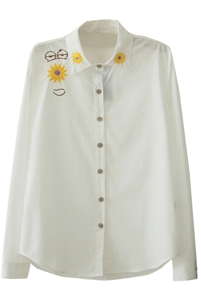 Cartoon Eyes&Chrysanthemum Embroidery White Shirt