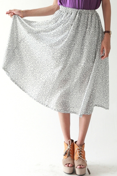 Totem Print Elastic Waist Tea Length Skirt