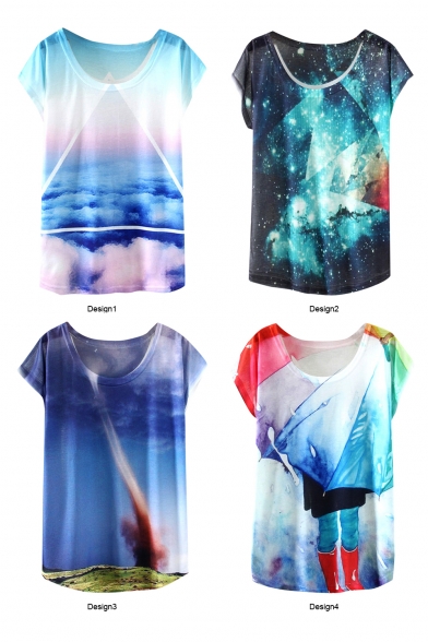 Cloud Galaxy Rain Painting T-Shirt with Round Neck