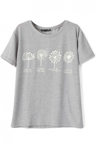 Dandelion Print Round Neck Short Sleeve T Shirt 5149