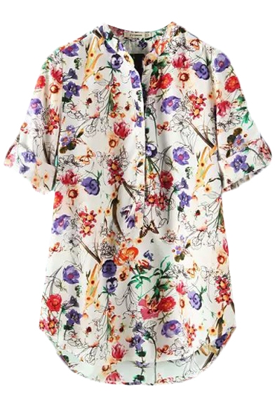 Floral Print Stand Collar 3/4 Sleeve Blouse