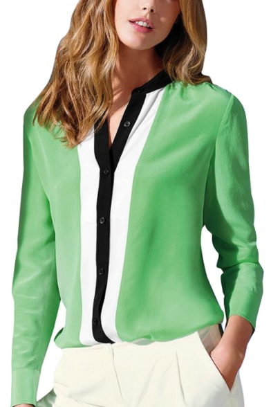Green Long Sleeve Color Block Stand Up Collar Chiffon Blouse